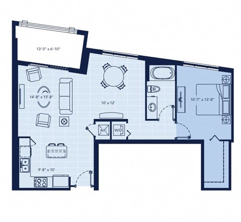 Floor plan for 1 bed, 1 bath, 872 sqft